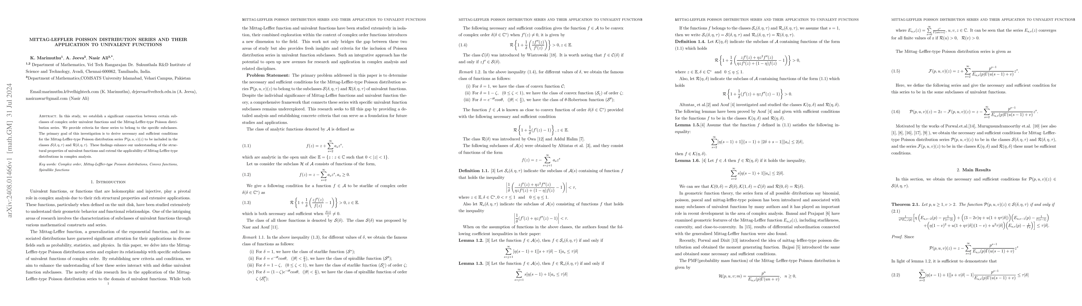 Thumbnail for Mittag-Leffler Poisson Distribution Series and Their Application to
  Univalent Functions