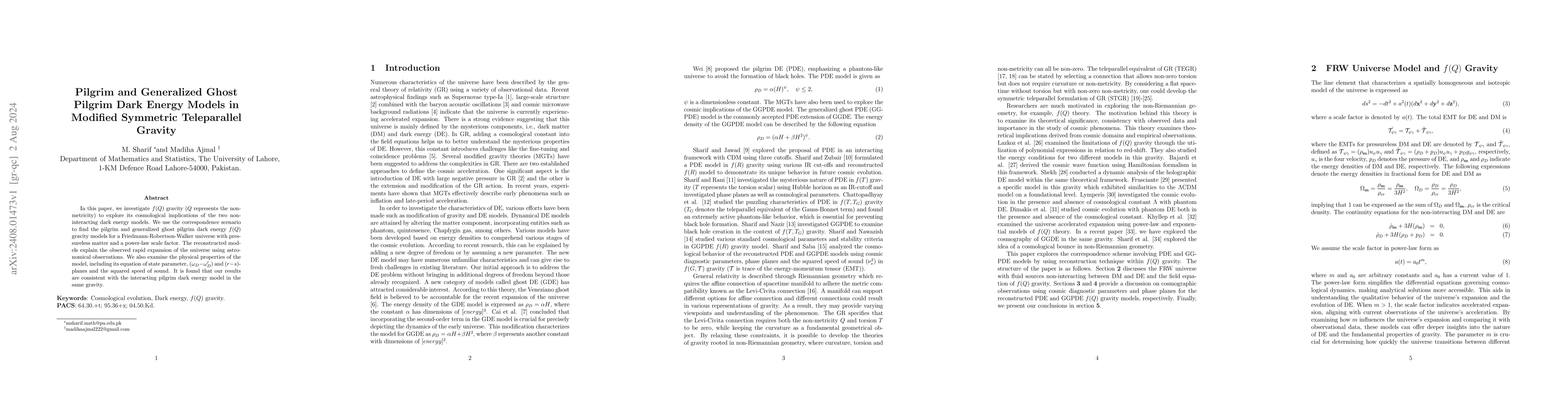 Thumbnail for Pilgrim and Generalized Ghost Pilgrim Dark Energy Models in Modified
  Symmetric Teleparallel Gravity