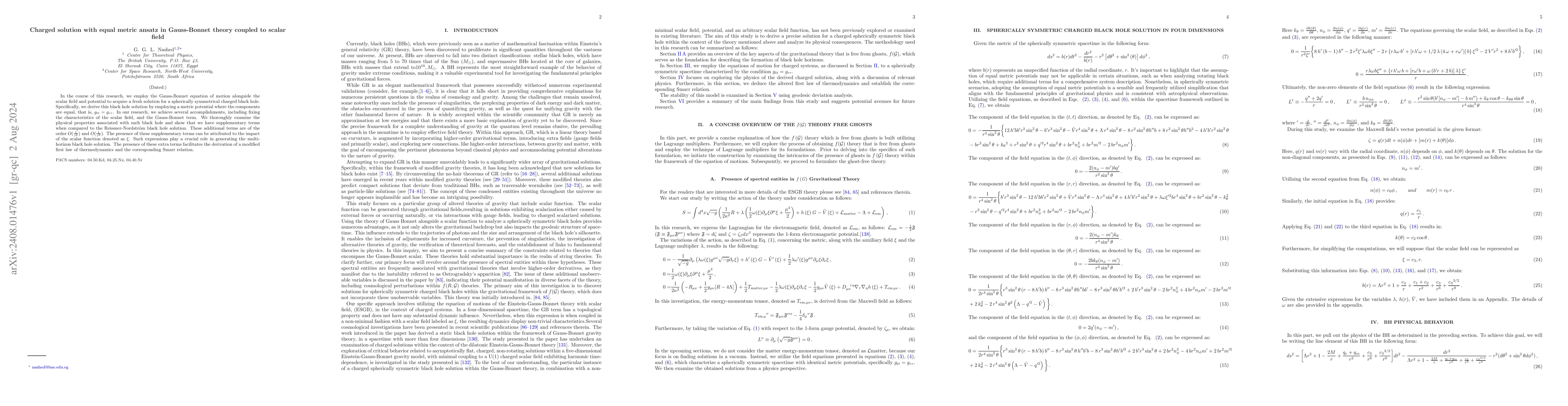 Thumbnail for Charged solution with equal metric ansatz in Gauss-Bonnet theory coupled
  to scalar field