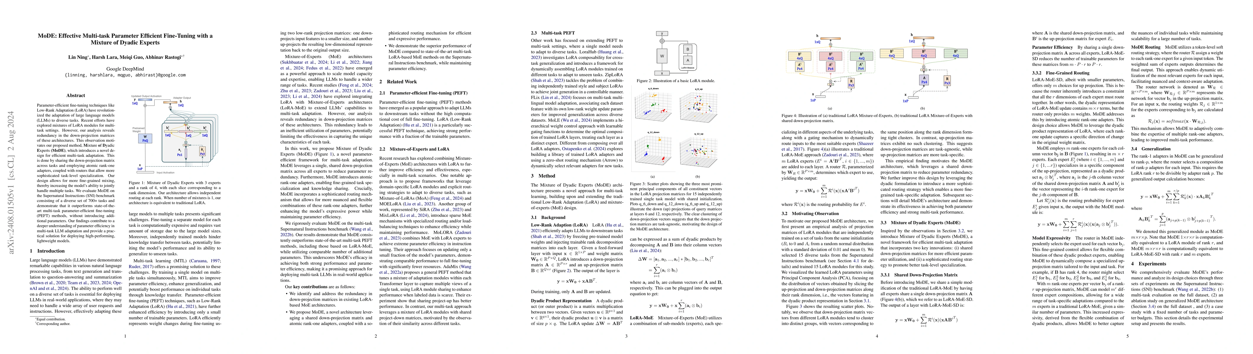 Thumbnail for MoDE: Effective Multi-task Parameter Efficient Fine-Tuning with a
  Mixture of Dyadic Experts