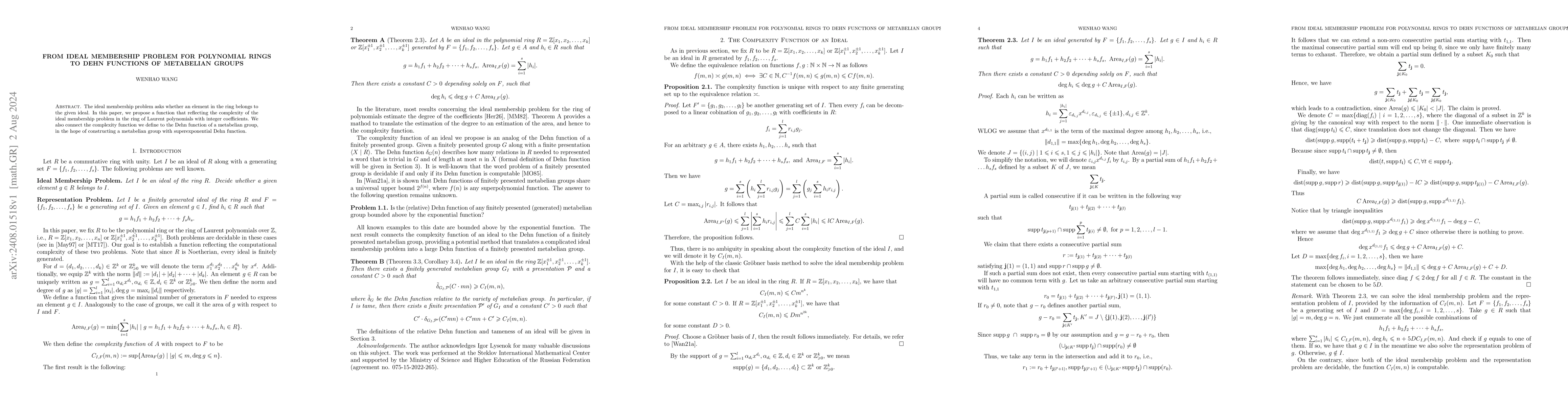 Thumbnail for From Ideal Membership Problem for polynomial rings to Dehn Functions of
  Metabelian Groups