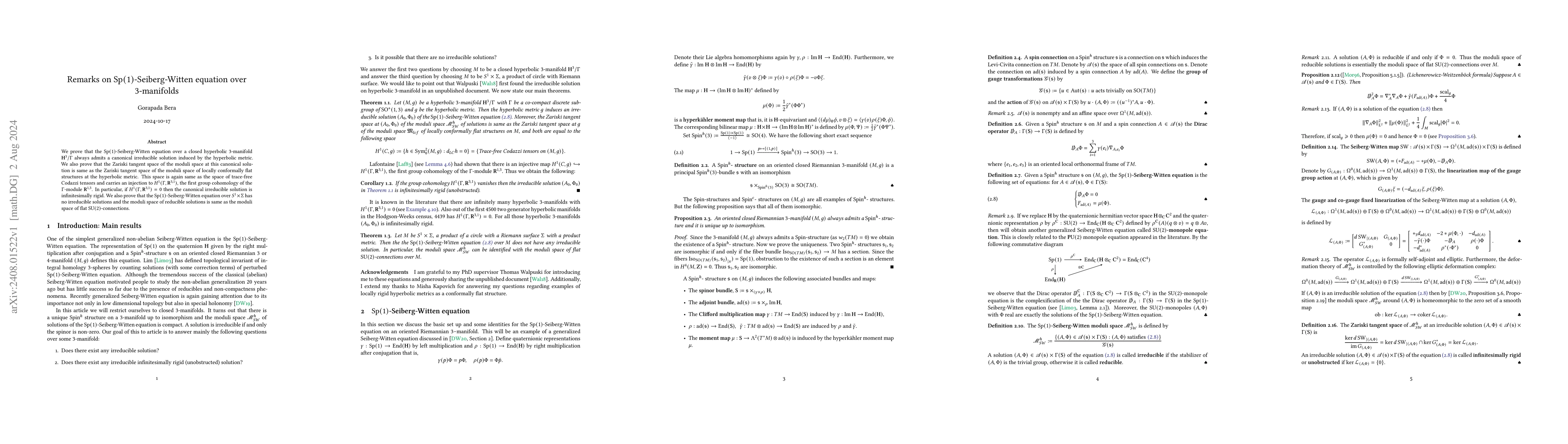 Thumbnail for Remarks on $\mathrm{Sp}(1)$-Seiberg-Witten equation over $3$-manifolds