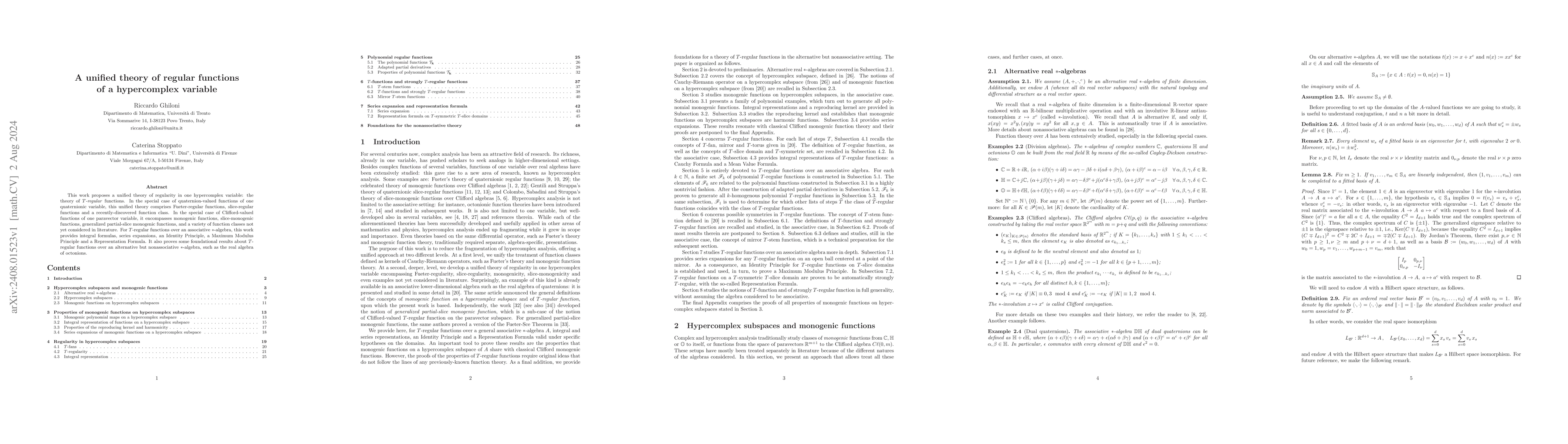 Thumbnail for A unified theory of regular functions of a hypercomplex variable