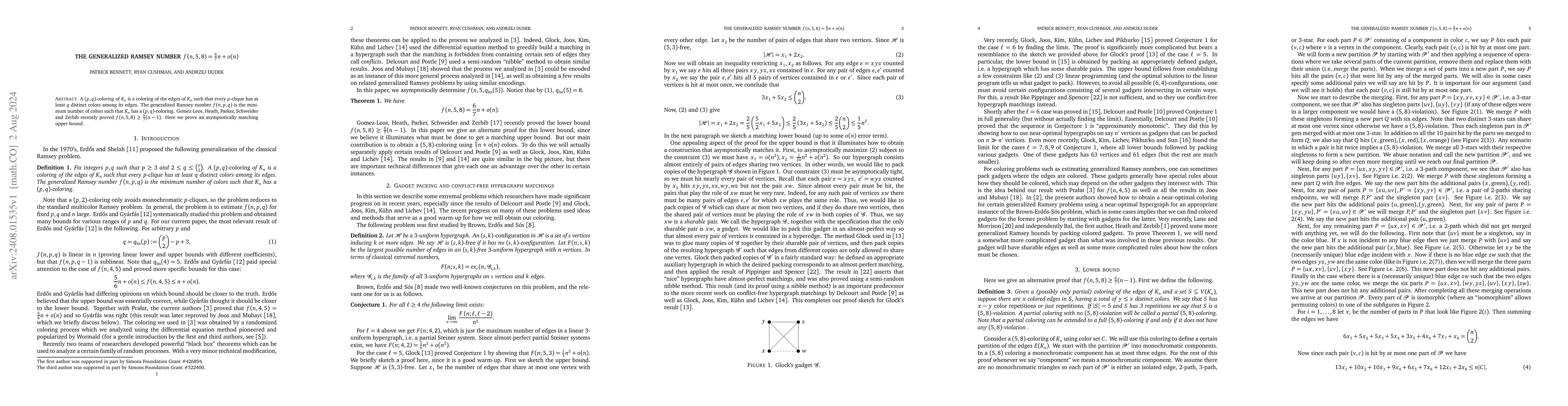 Thumbnail for The generalized Ramsey number $f(n, 5, 8) = \frac 67 n + o(n)$