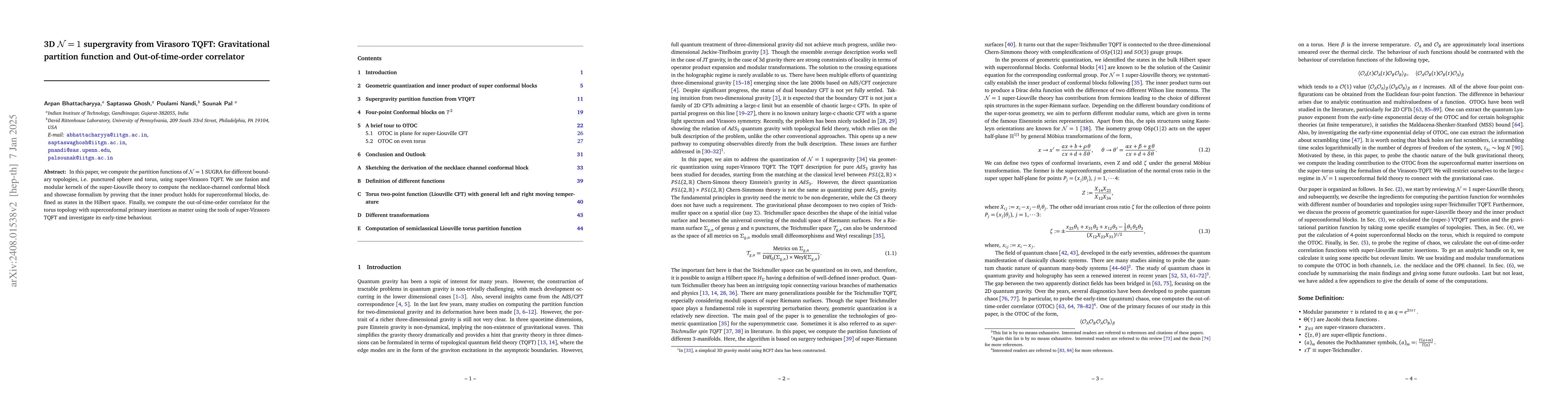 Thumbnail for 3D $\mathcal{N}=1$ supergravity from Virasoro TQFT: Gravitational
  partition function and Out-of-time-order correlator