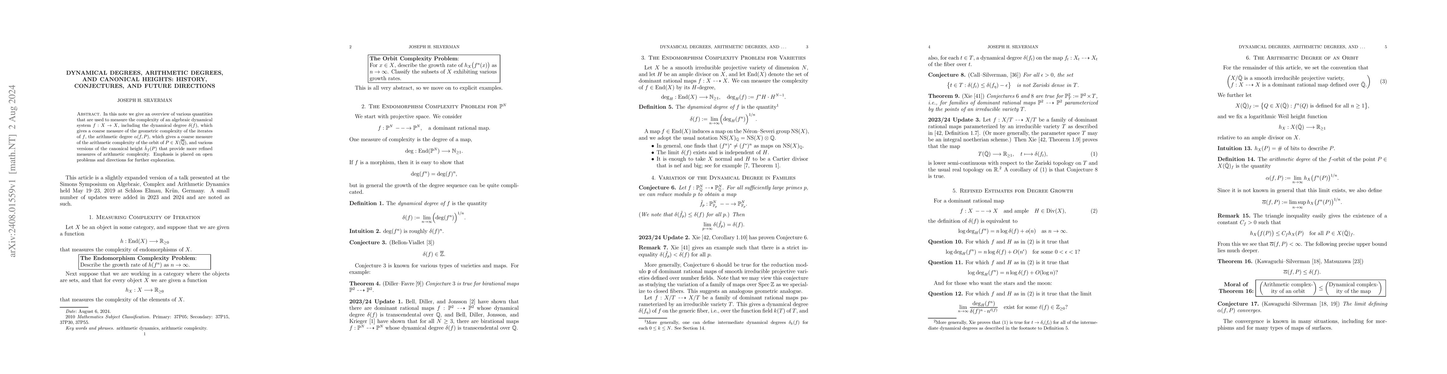 Thumbnail for Dynamical Degrees, Arithmetic Degrees, and Canonical Heights: History,
  Conjectures, and Future Directions