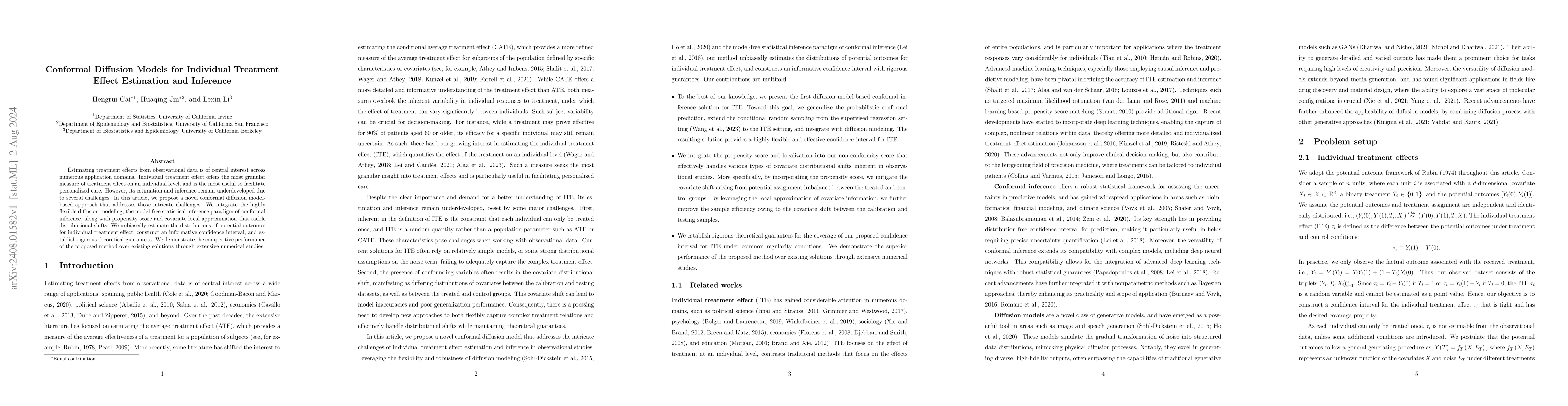 Thumbnail for Conformal Diffusion Models for Individual Treatment Effect Estimation
  and Inference
