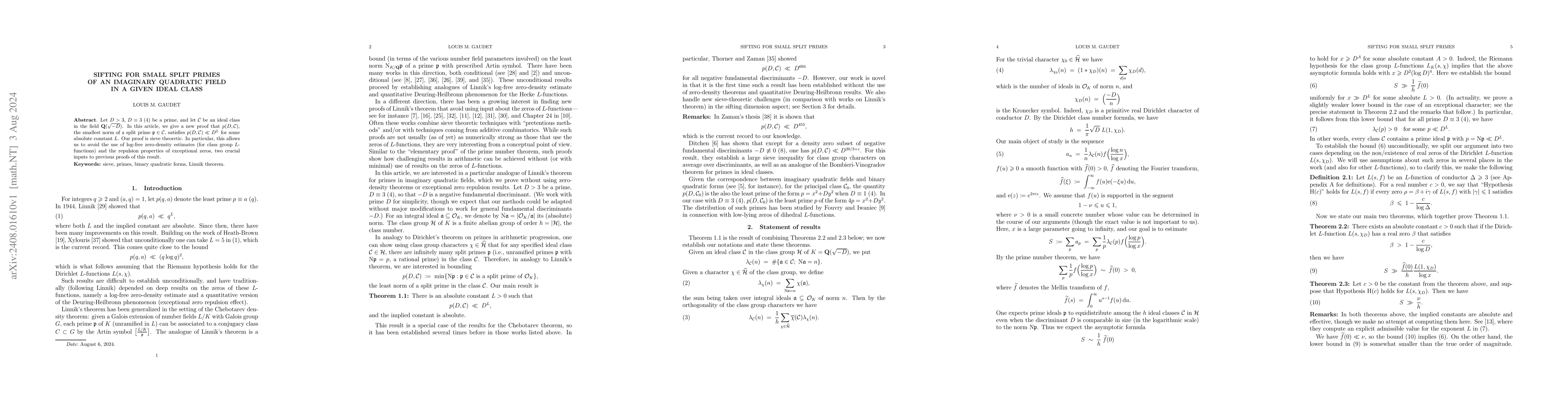 Thumbnail for Sifting for small split primes of an imaginary quadratic field in a
  given ideal class