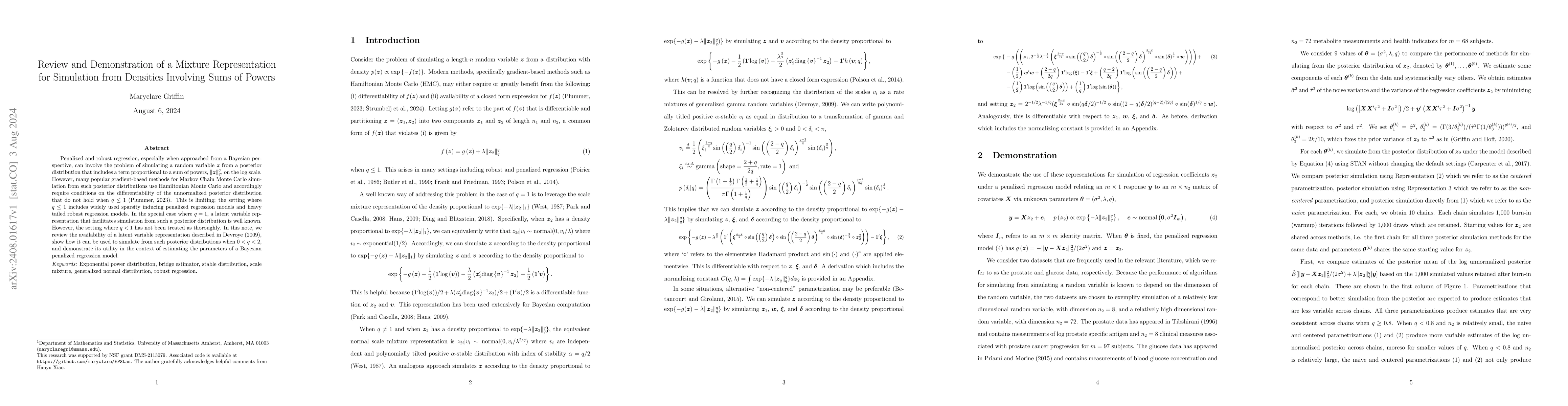 Thumbnail for Review and Demonstration of a Mixture Representation for Simulation from
  Densities Involving Sums of Powers