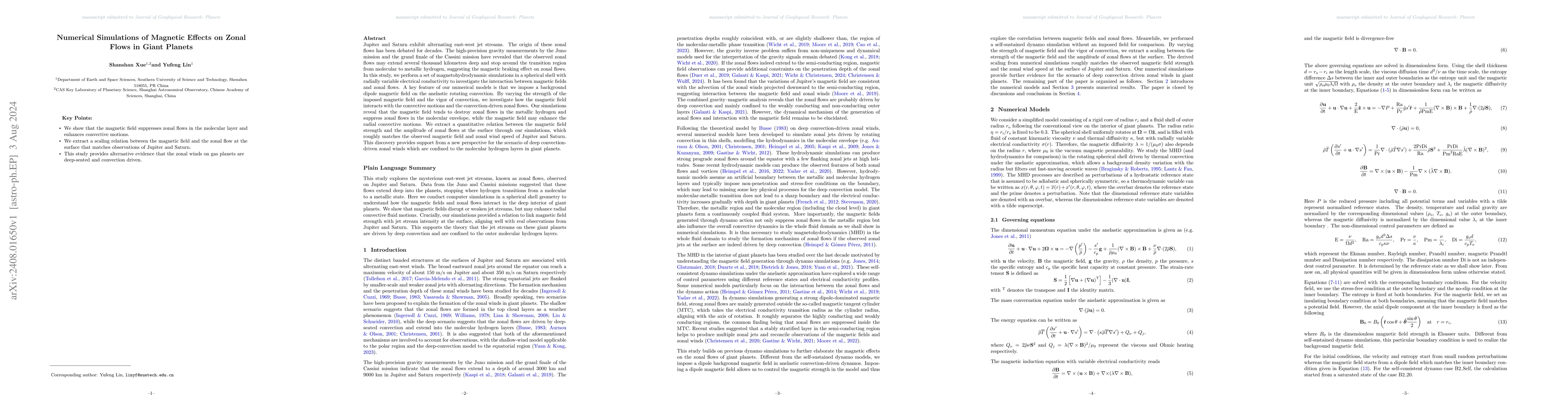Thumbnail for Numerical Simulations of Magnetic Effects on Zonal Flows in Giant
  Planets