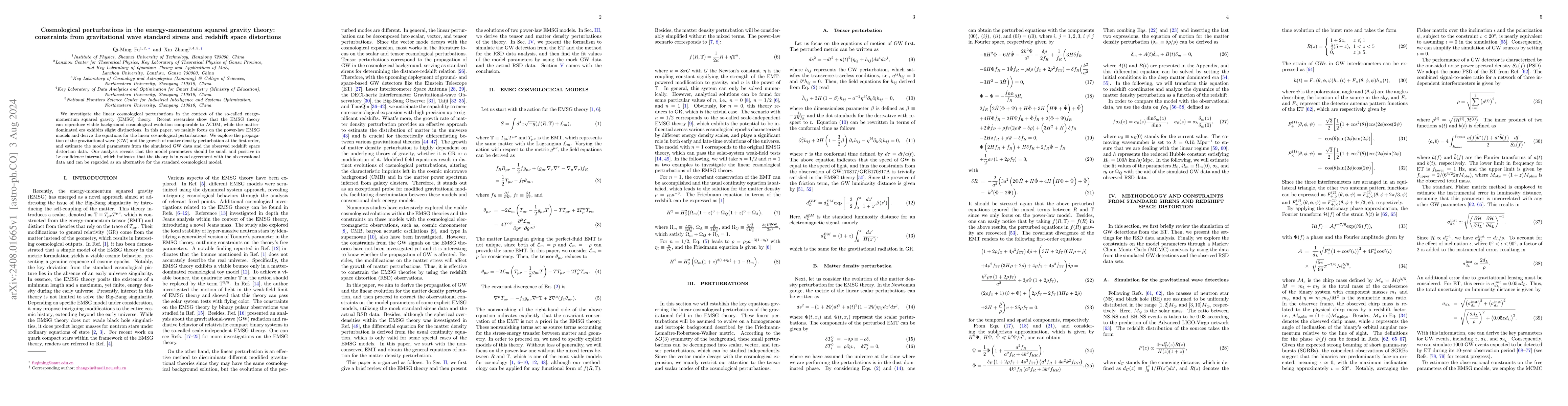 Thumbnail for Cosmological perturbations in the energy-momentum squared gravity
  theory: constraints from gravitational wave standard sirens and redshift
  space distortions