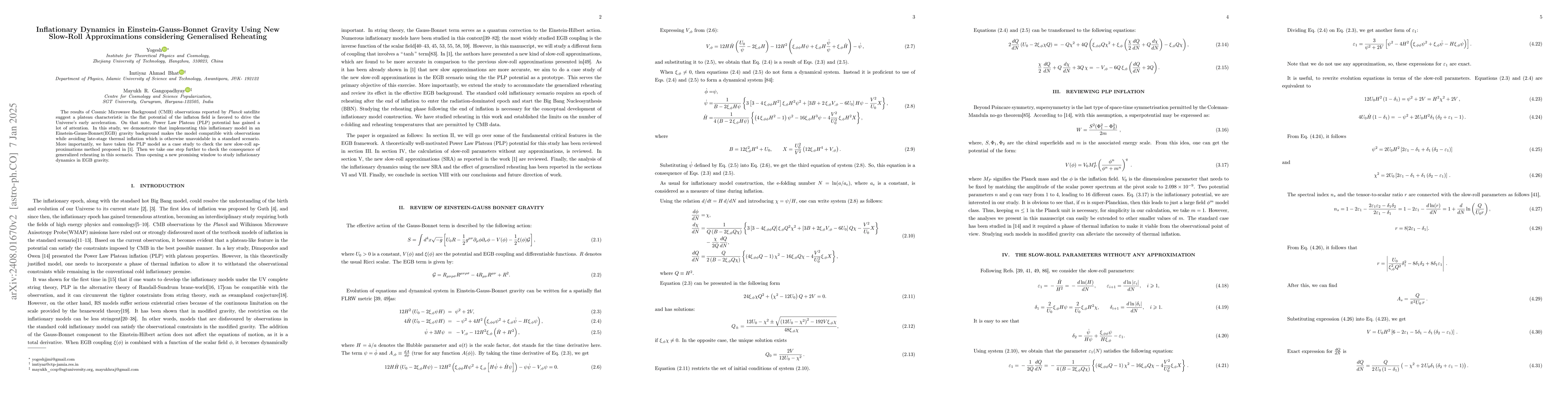 Thumbnail for Inflationary Dynamics in Einstein-Gauss-Bonnet Gravity Using New
  Slow-Roll Approximations considering Generalised Reheating