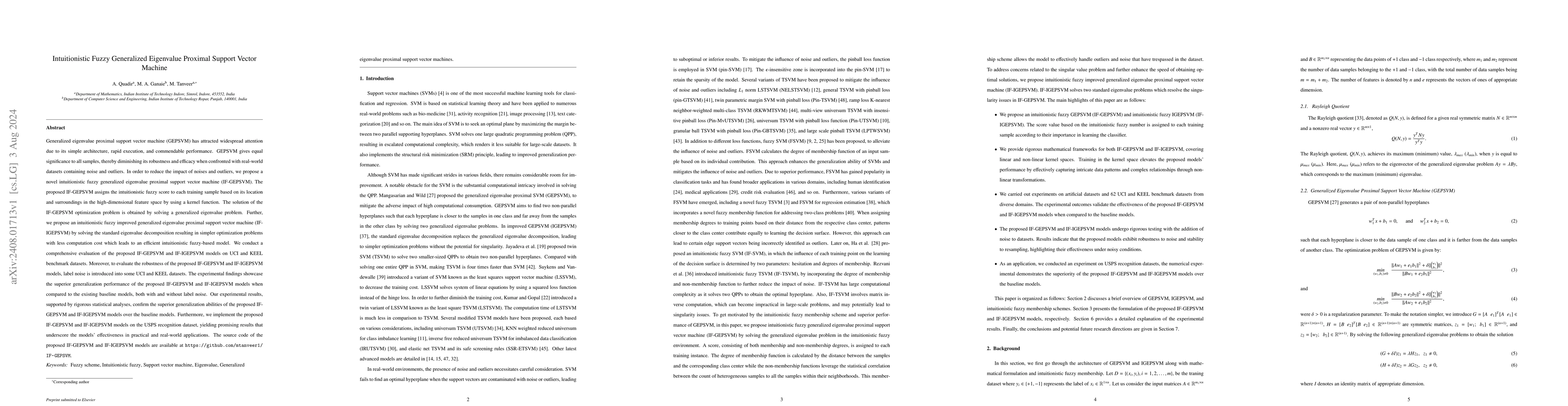 Thumbnail for Intuitionistic Fuzzy Generalized Eigenvalue Proximal Support Vector
  Machine