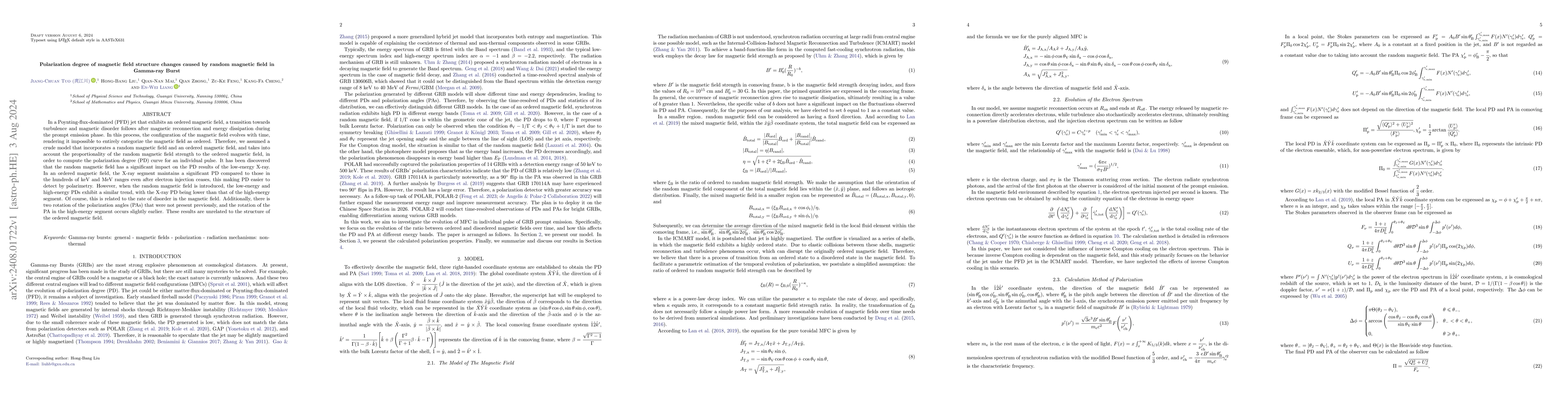 Thumbnail for Polarization degree of magnetic field structure changes caused by random
  magnetic field in Gamma-ray Burst