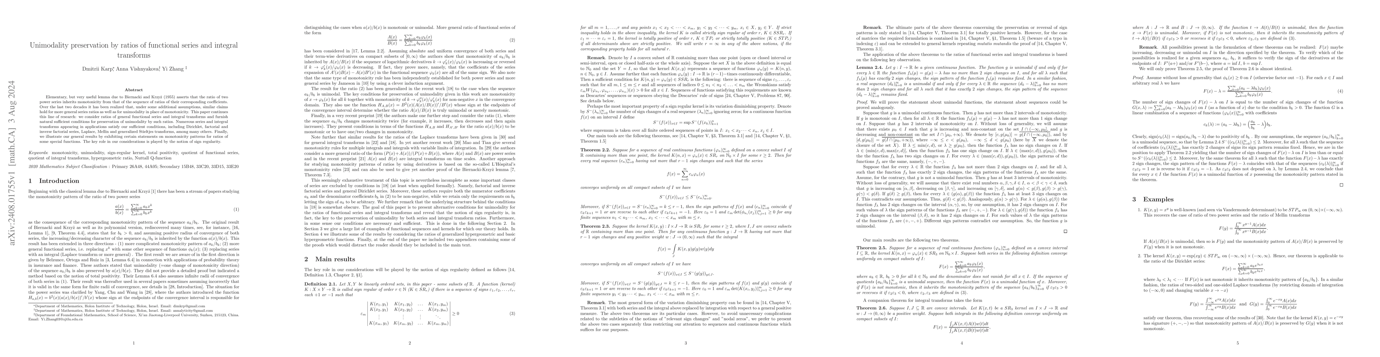 Thumbnail for Unimodality preservation by ratios of functional series and integral
  transforms