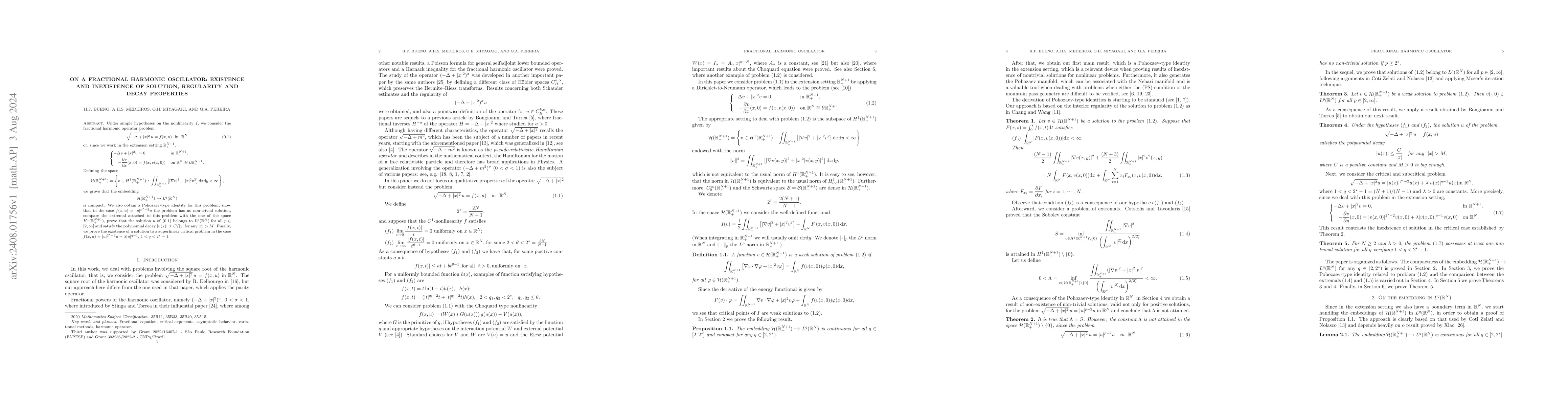 Thumbnail for On a fractional harmonic oscillator: existence and inexistence of
  solution, regularity and decay properties