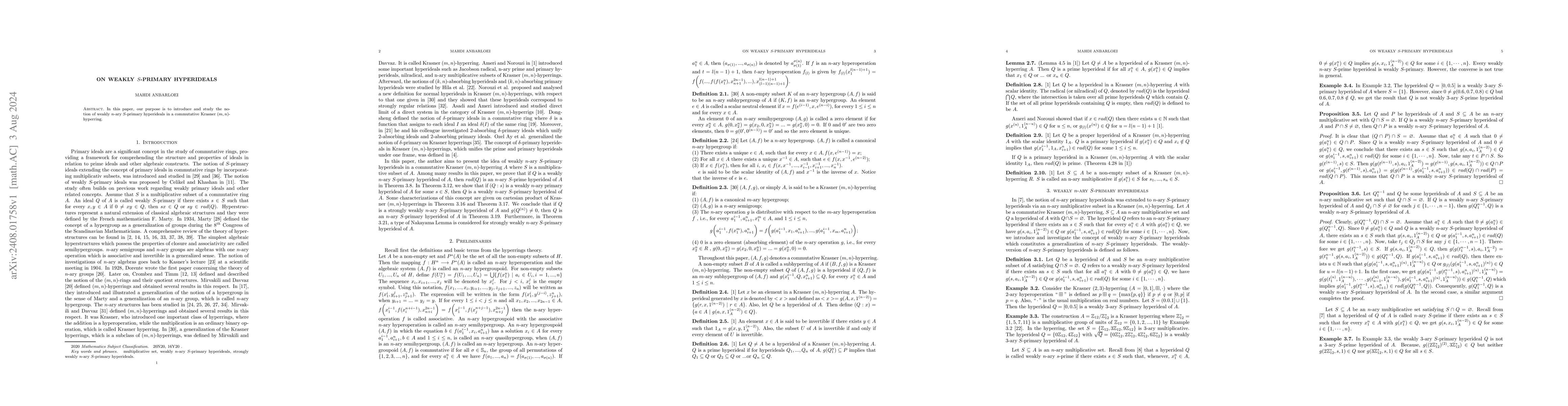 Thumbnail for On weakly S-primary hyyperideals