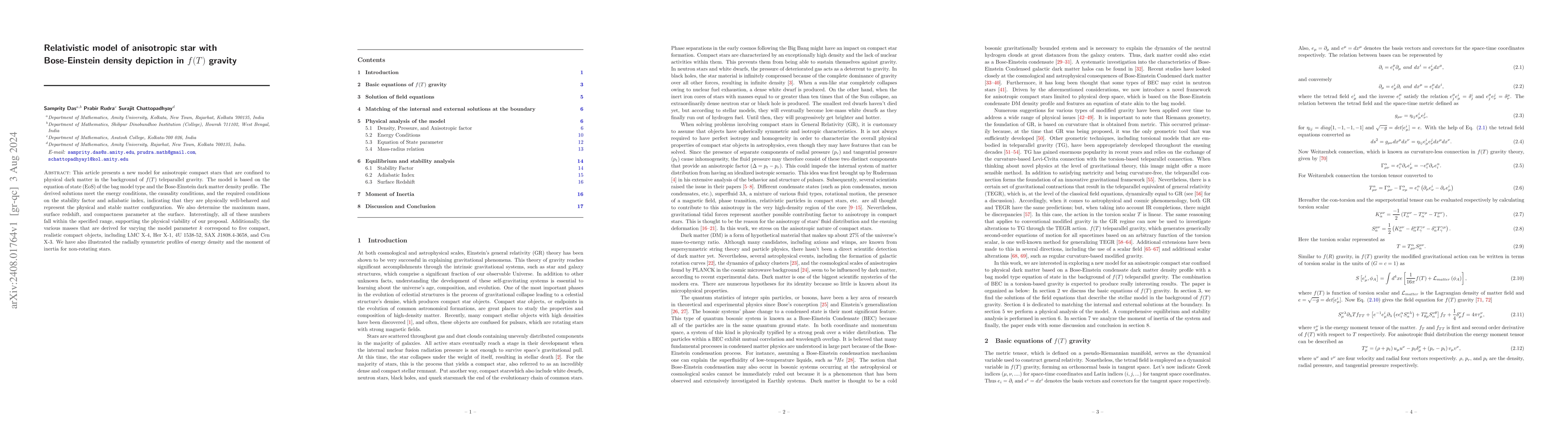 Thumbnail for Relativistic model of anisotropic star with Bose-Einstein density
  depiction in $f(T)$ gravity