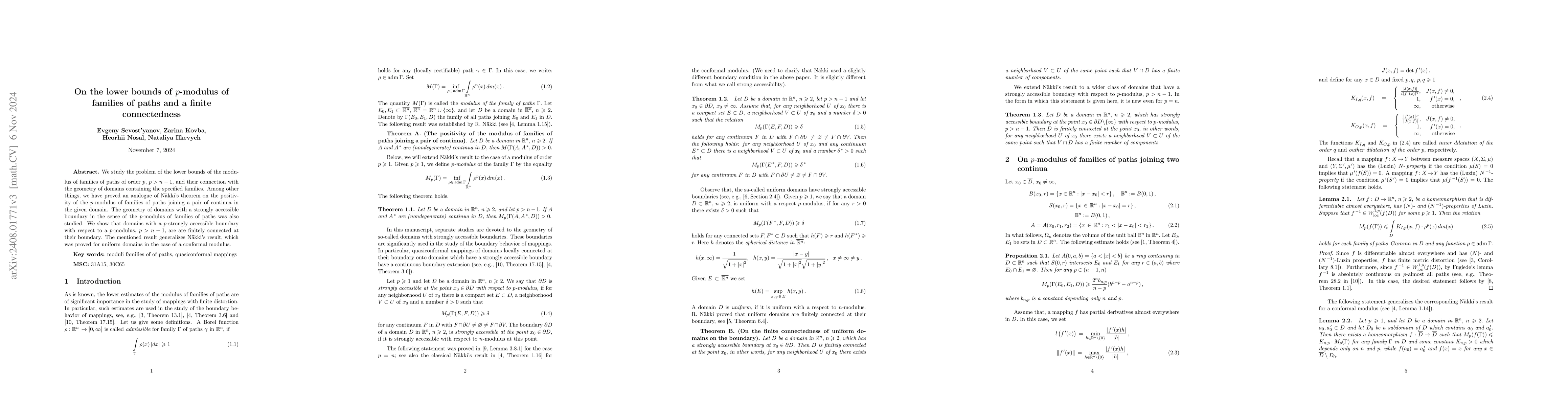 Thumbnail for On the lower bounds of $p$-modulus of families of paths and a finite
  connectedness