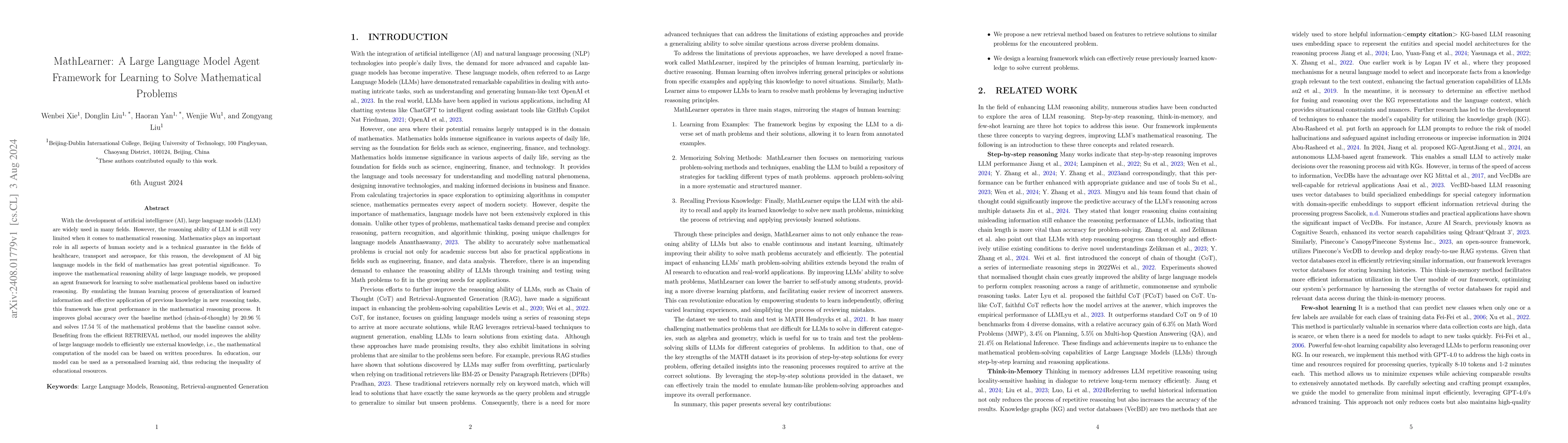 Thumbnail for MathLearner: A Large Language Model Agent Framework for Learning to
  Solve Mathematical Problems
