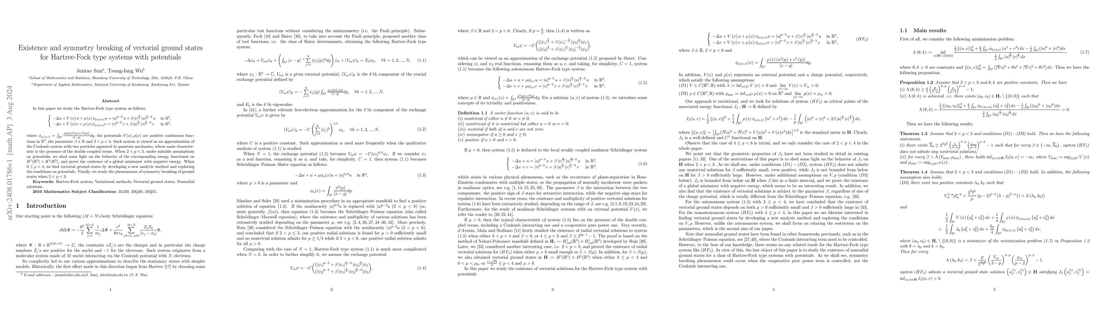 Thumbnail for Existence and symmetry breaking of vectorial ground states for
  Hartree-Fock type systems with potentials