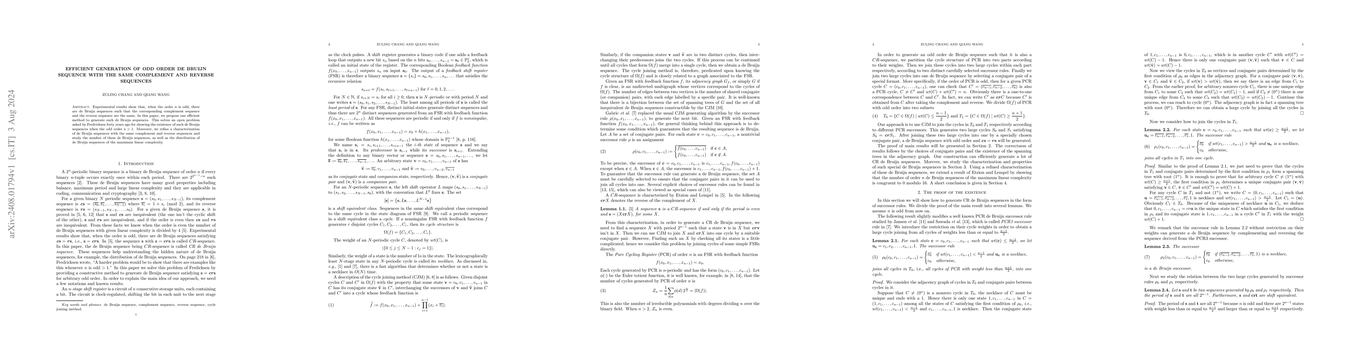 Thumbnail for Efficient generation of odd order de Bruijn sequence with the same
  complement and reverse sequences
