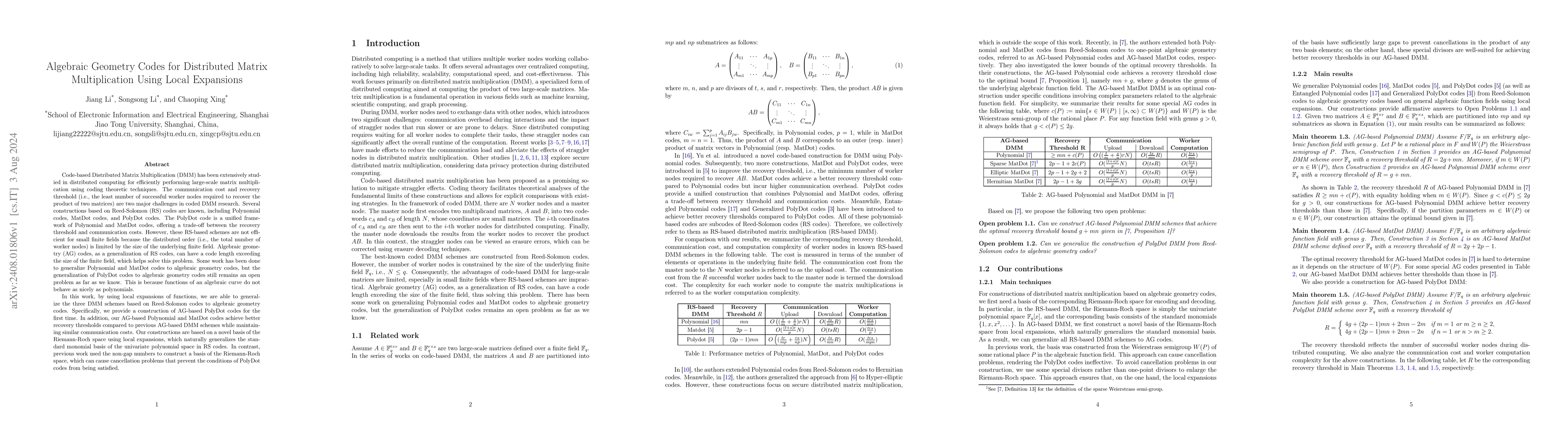 Thumbnail for Algebraic Geometry Codes for Distributed Matrix Multiplication Using
  Local Expansions