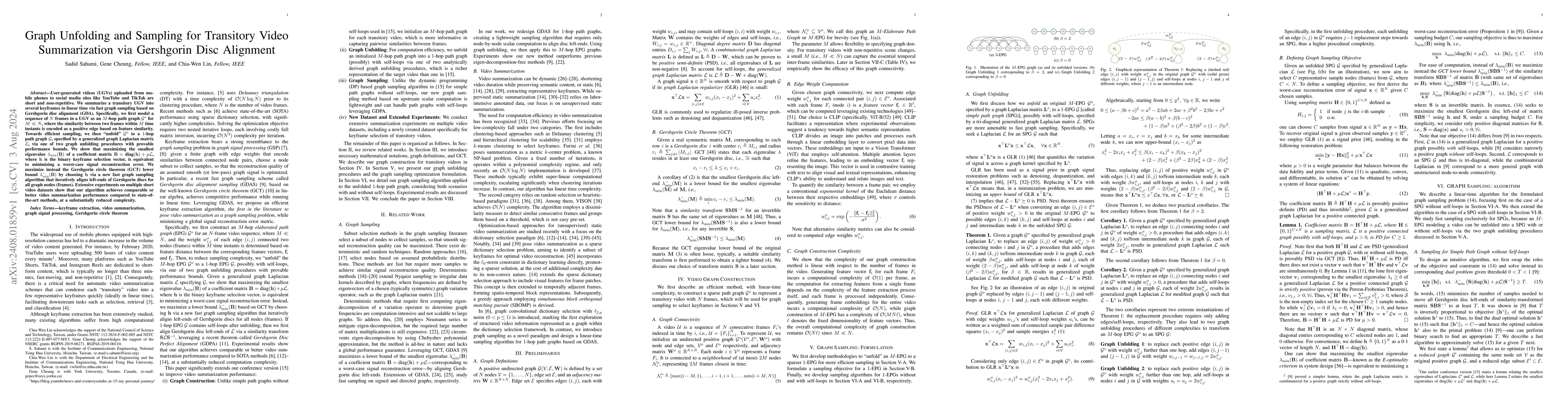 Thumbnail for Graph Unfolding and Sampling for Transitory Video Summarization via
  Gershgorin Disc Alignment