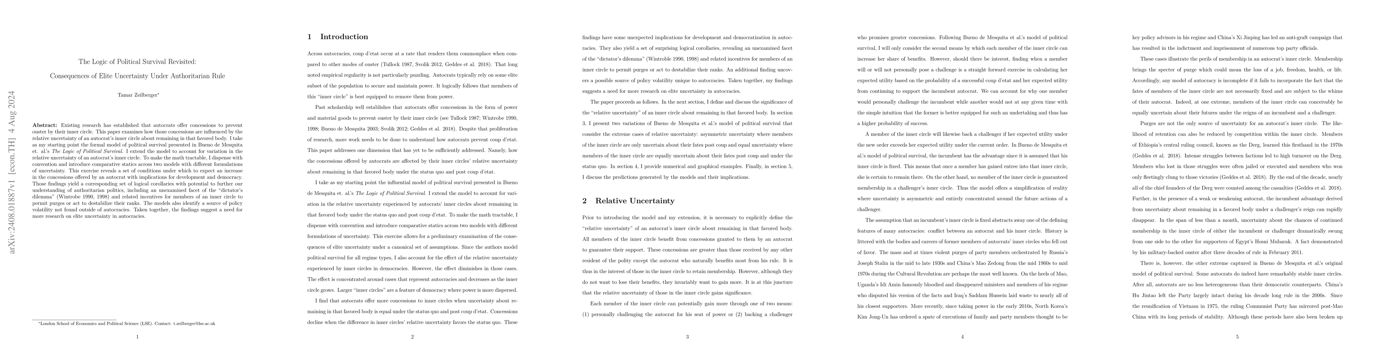 Thumbnail for The Logic of Political Survival Revisited: Consequences of Elite
  Uncertainty Under Authoritarian Rule