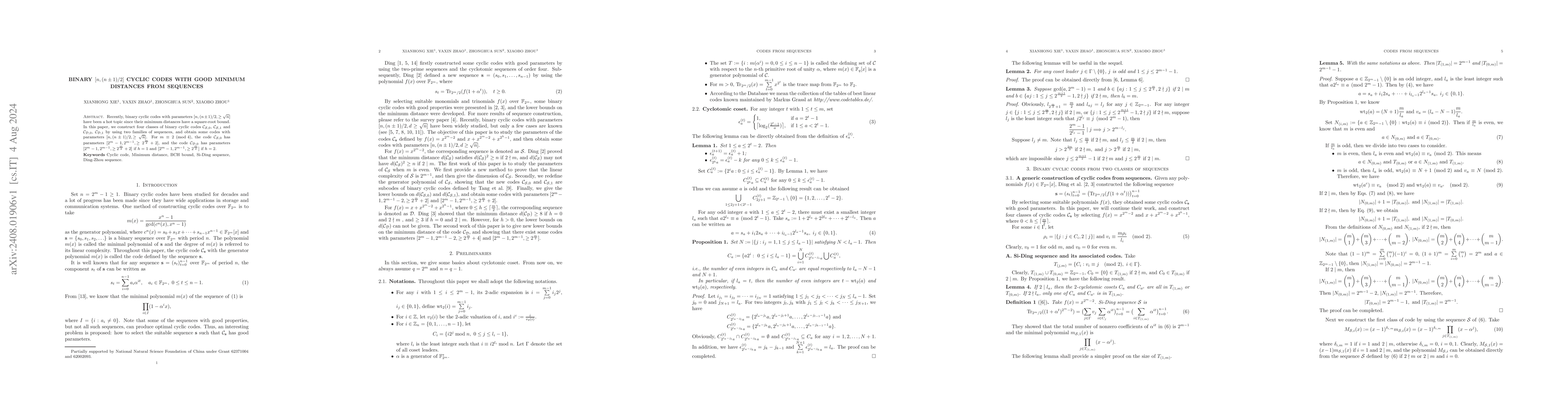 Thumbnail for Binary $[n,(n\pm1)/2]$ cyclic codes with good minimum distances from
  sequences
