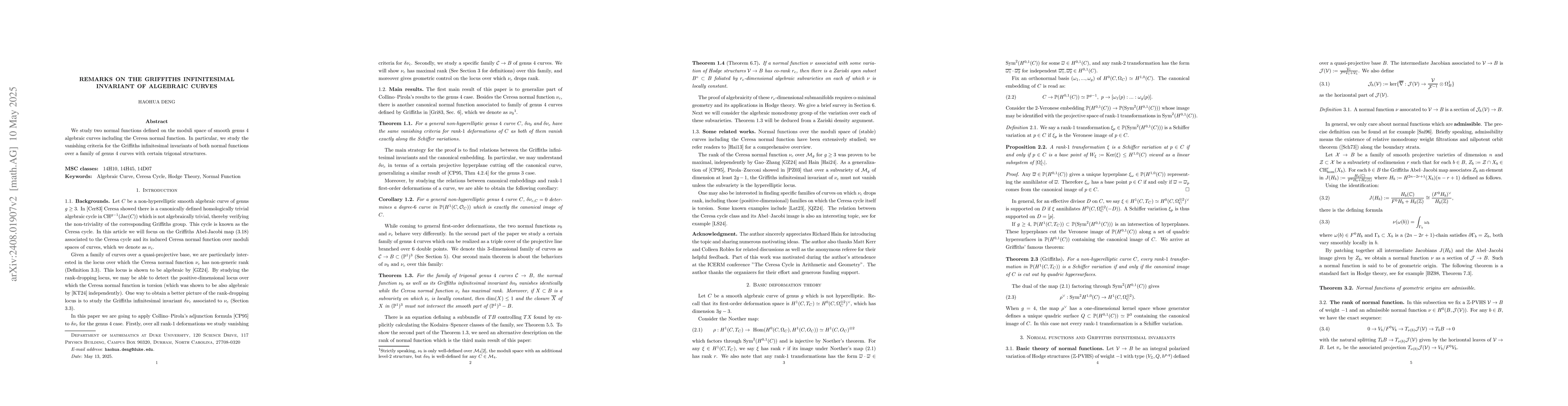 Thumbnail for Remarks on the Griffiths infinitesimal invariant of algebraic curves