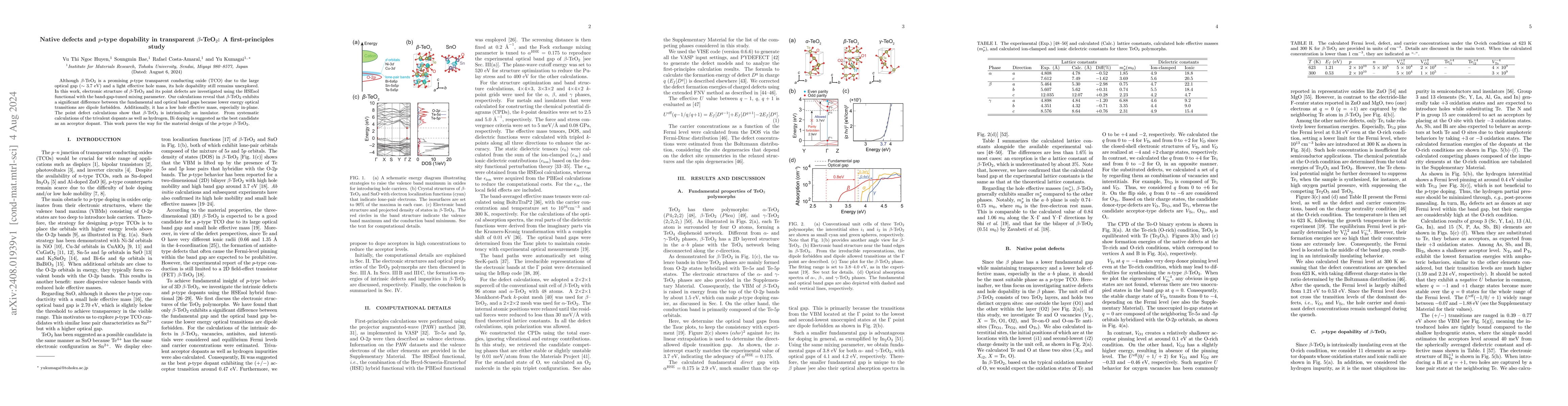 Thumbnail for Native defects and $p$-type dopability in transparent $β$-TeO$_2$: A
  first-principles study