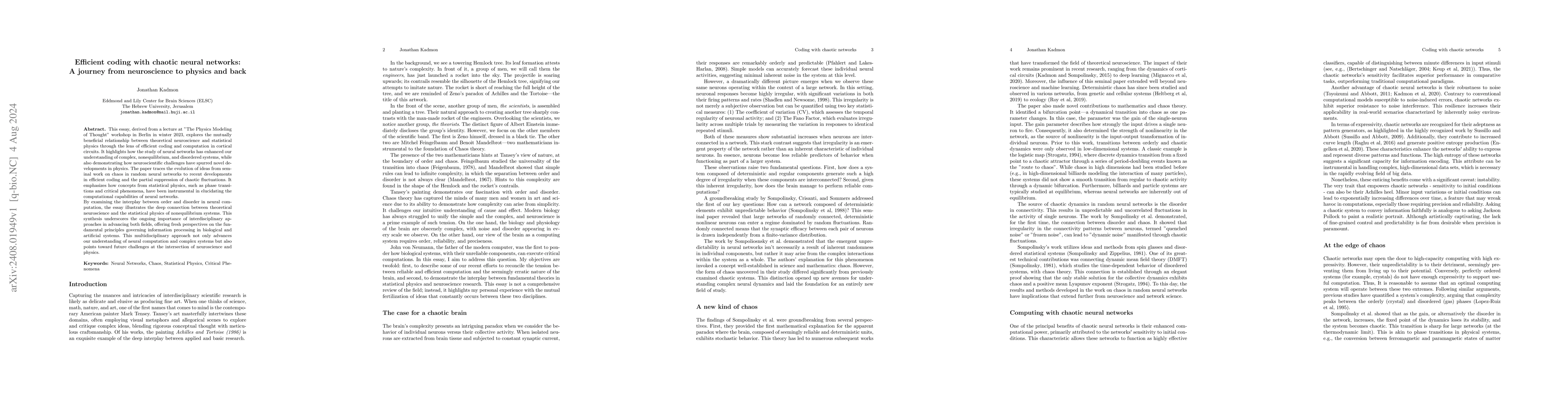 Thumbnail for Efficient coding with chaotic neural networks: A journey from
  neuroscience to physics and back