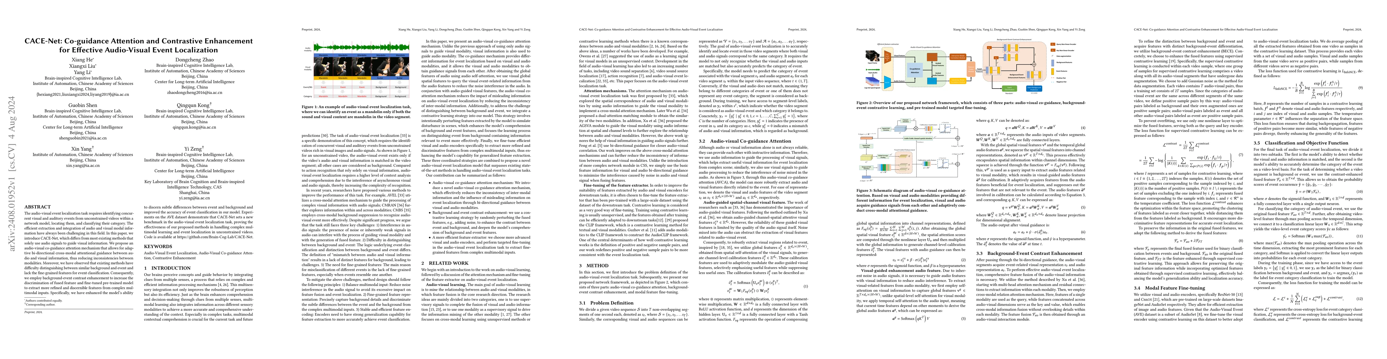 Thumbnail for CACE-Net: Co-guidance Attention and Contrastive Enhancement for
  Effective Audio-Visual Event Localization
