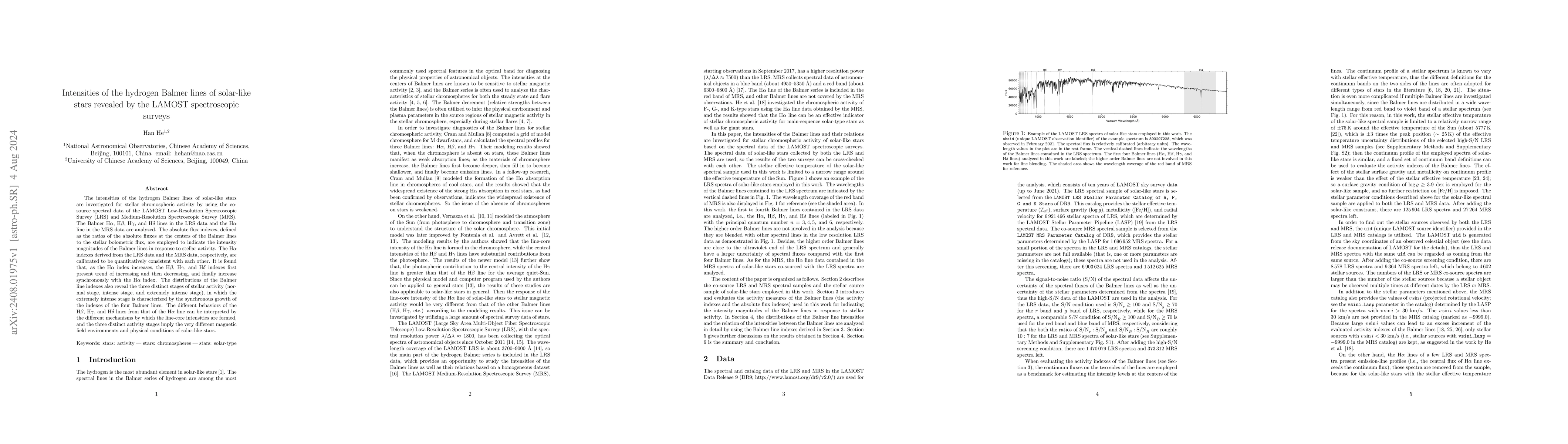 Thumbnail for Intensities of the hydrogen Balmer lines of solar-like stars revealed by
  the LAMOST spectroscopic surveys