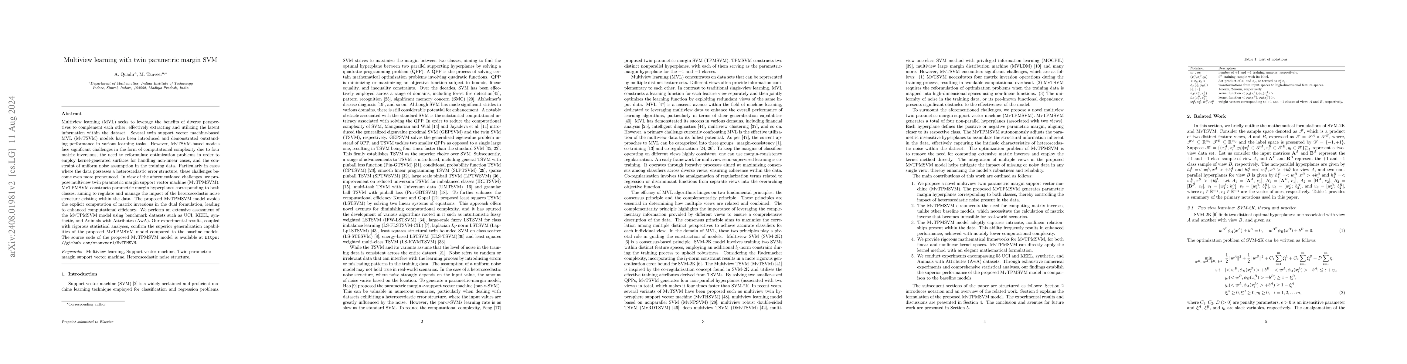 Thumbnail for Multiview learning with twin parametric margin SVM