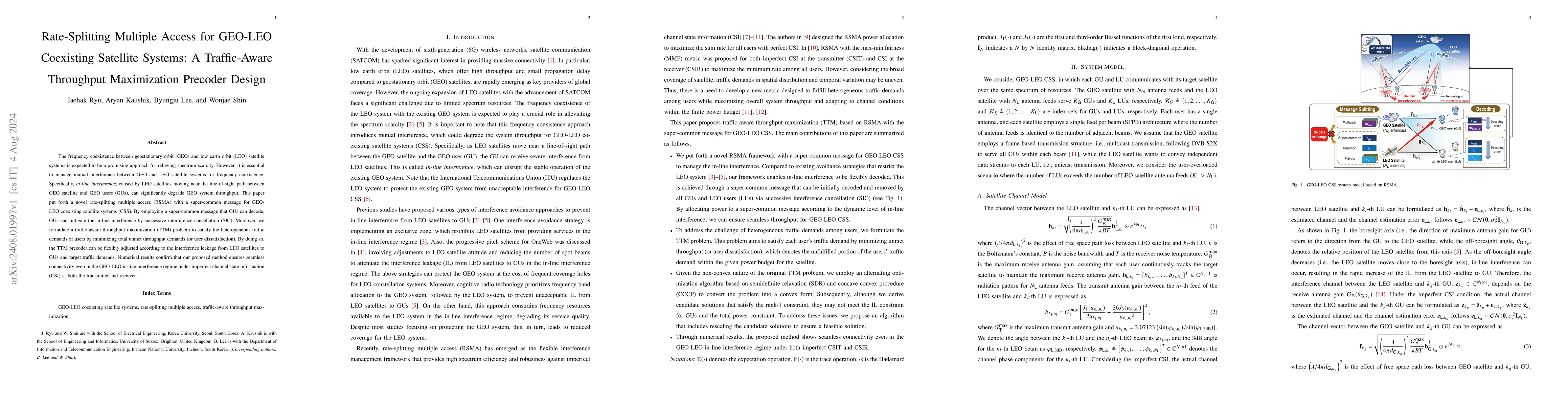 Thumbnail for Rate-Splitting Multiple Access for GEO-LEO Coexisting Satellite Systems:
  A Traffic-Aware Throughput Maximization Precoder Design