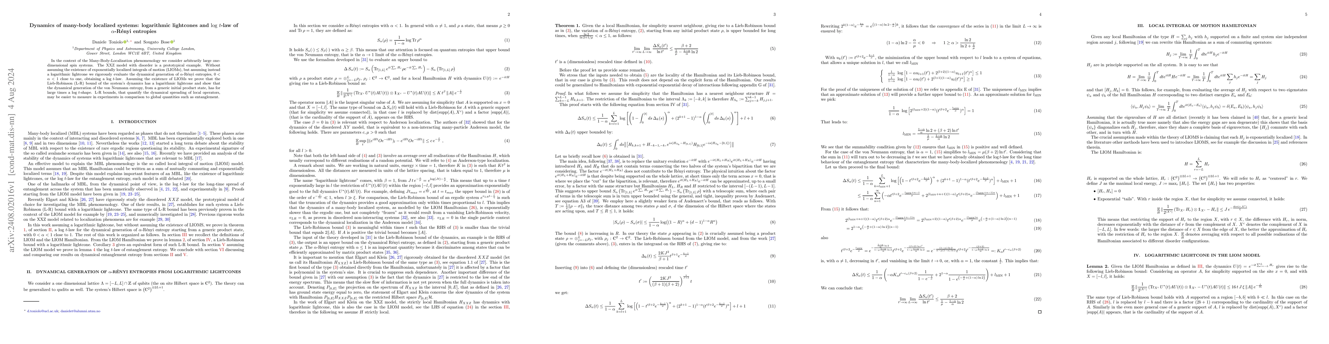 Thumbnail for Dynamics of many-body localized systems: logarithmic lightcones and
  $\log \, t$-law of $α$-Rényi entropies