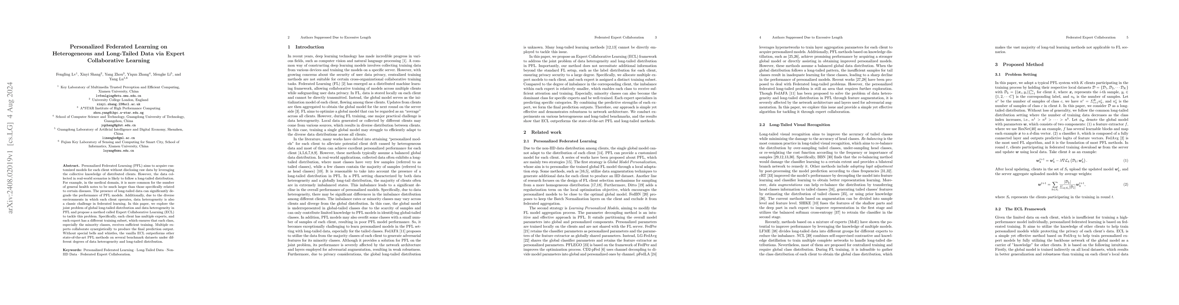 Thumbnail for Personalized Federated Learning on Heterogeneous and Long-Tailed Data
  via Expert Collaborative Learning