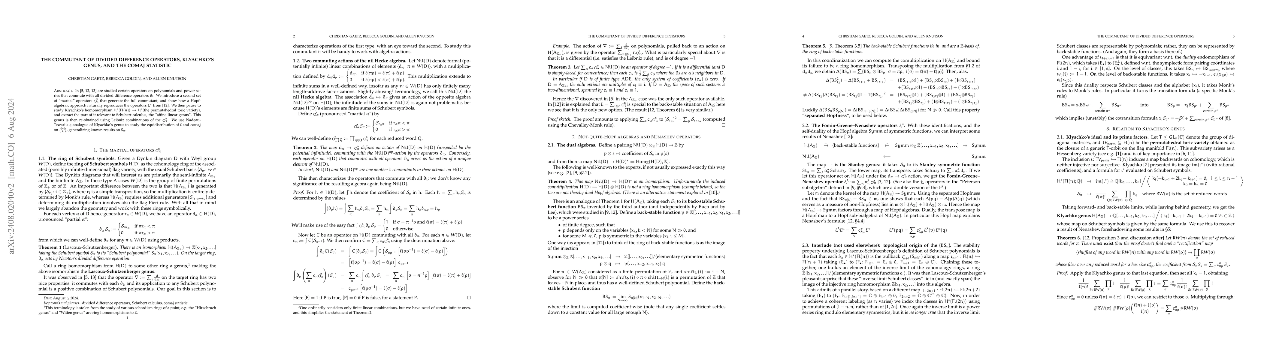 Thumbnail for The commutant of divided difference operators, Klyachko's genus, and the
  comaj statistic