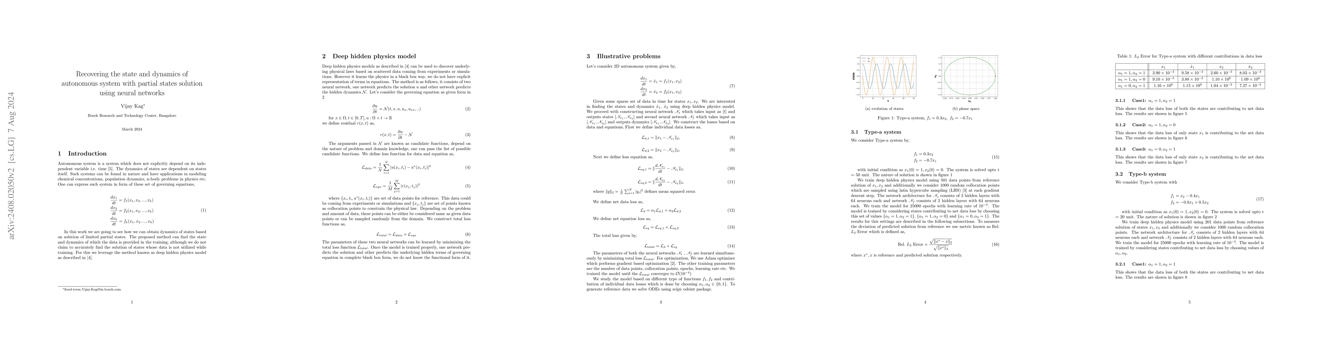 Thumbnail for Recovering the state and dynamics of autonomous system with partial
  states solution using neural networks