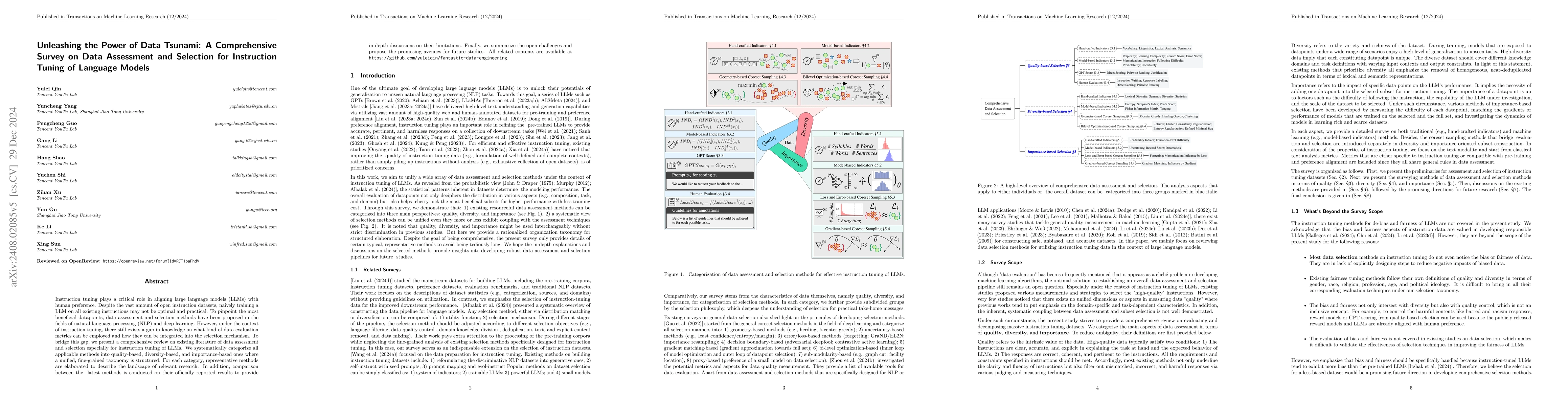 Thumbnail for Unleashing the Power of Data Tsunami: A Comprehensive Survey on Data
  Assessment and Selection for Instruction Tuning of Language Models