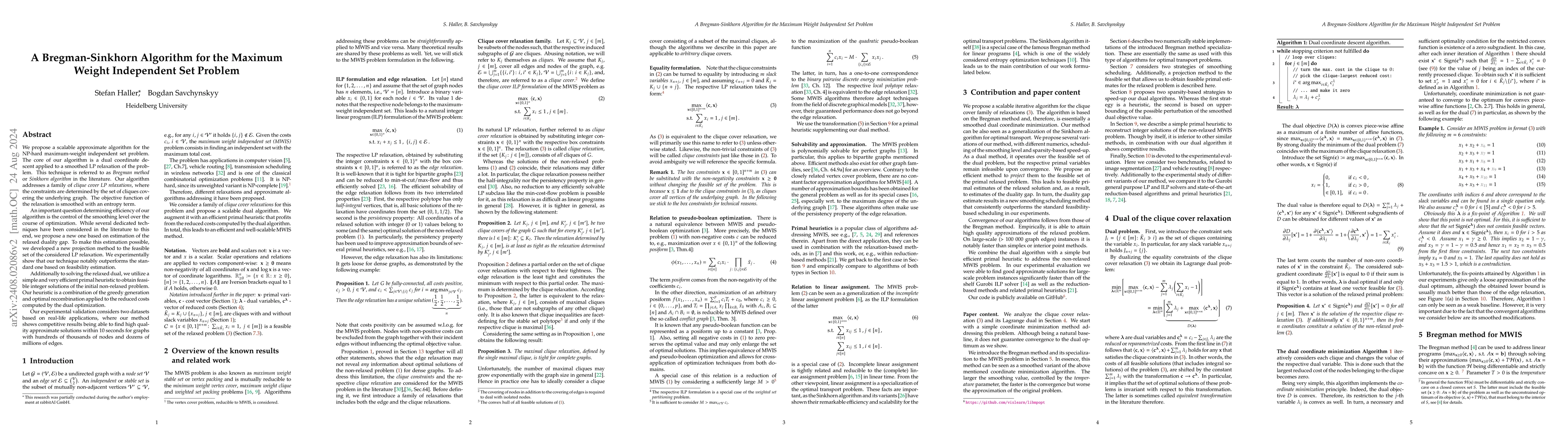 Thumbnail for A Bregman-Sinkhorn Algorithm for the Maximum Weight Independent Set
  Problem
