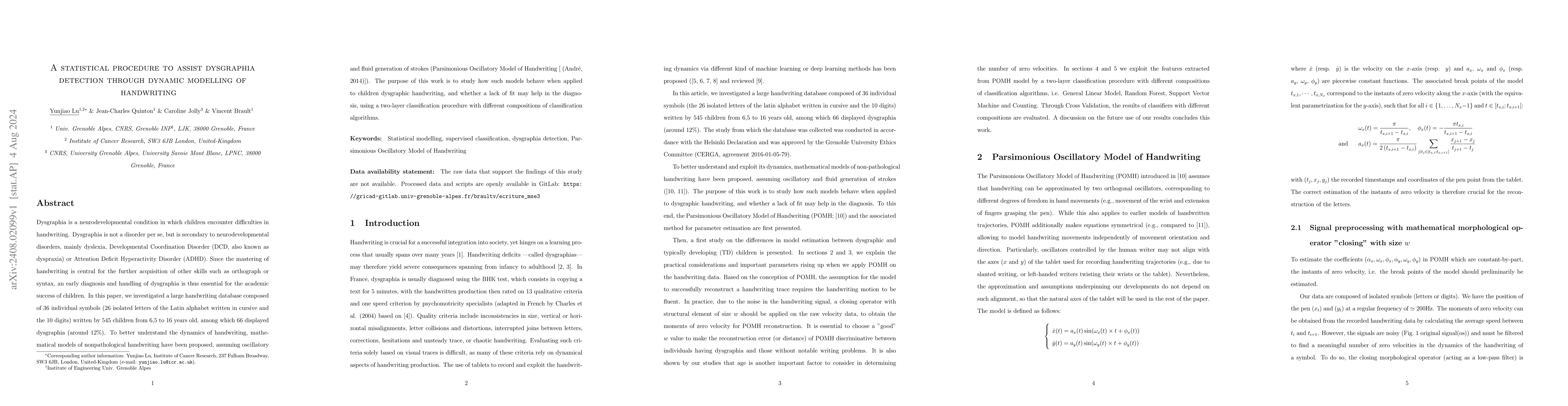Thumbnail for A statistical procedure to assist dysgraphia detection through dynamic
  modelling of handwriting