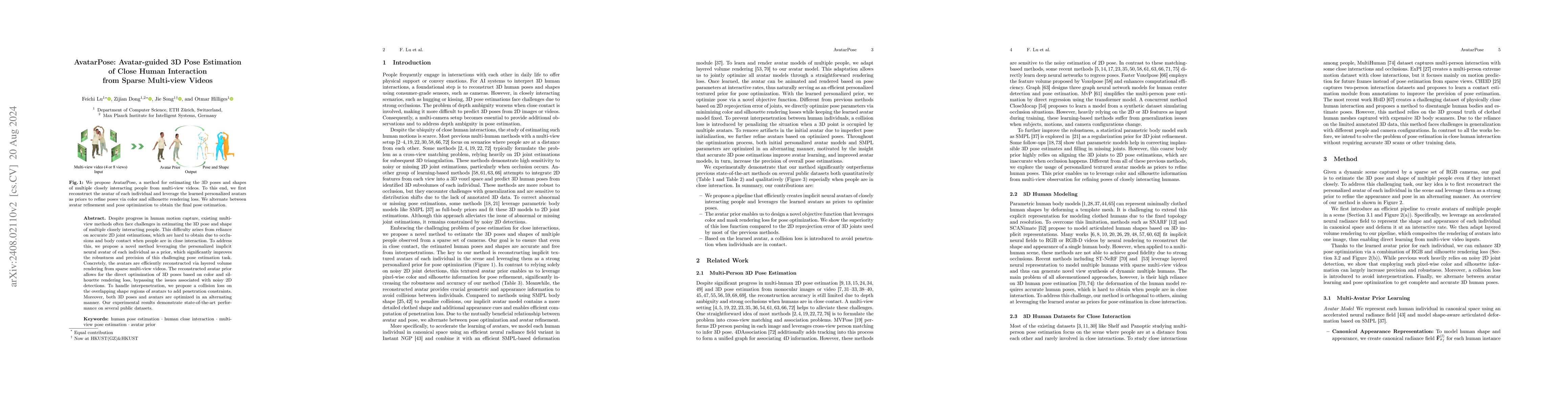 Thumbnail for AvatarPose: Avatar-guided 3D Pose Estimation of Close Human Interaction
  from Sparse Multi-view Videos