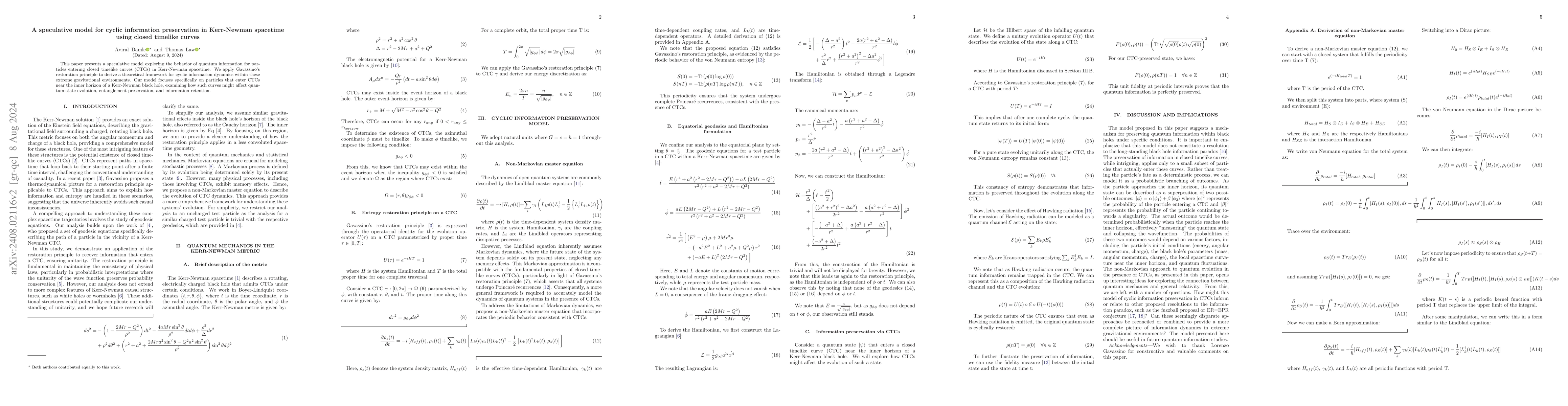 Thumbnail for A speculative model for cyclic information preservation in Kerr-Newman
  spacetime using closed timelike curves