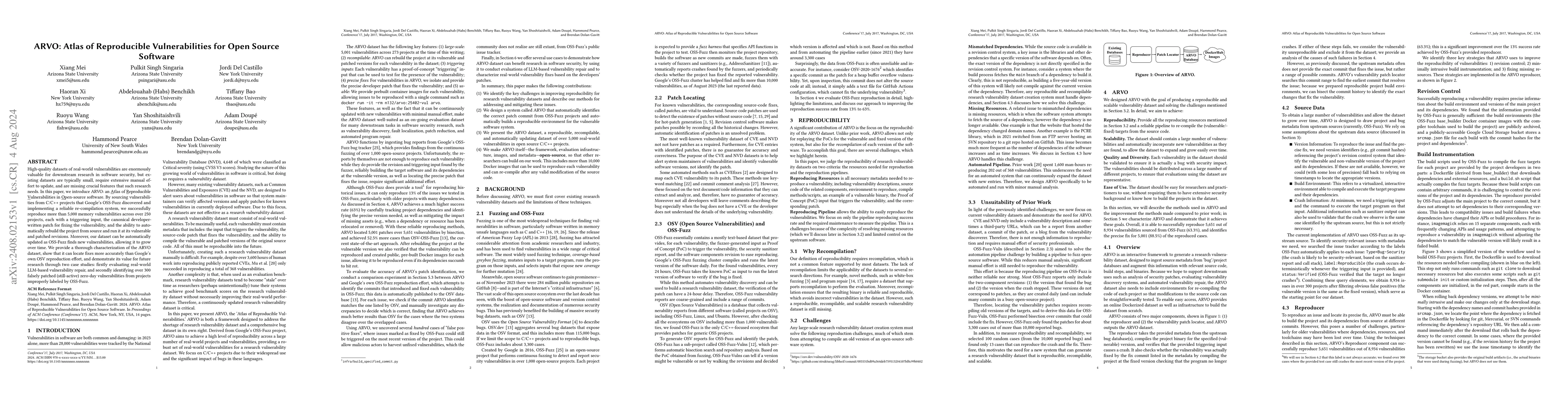 Thumbnail for ARVO: Atlas of Reproducible Vulnerabilities for Open Source Software