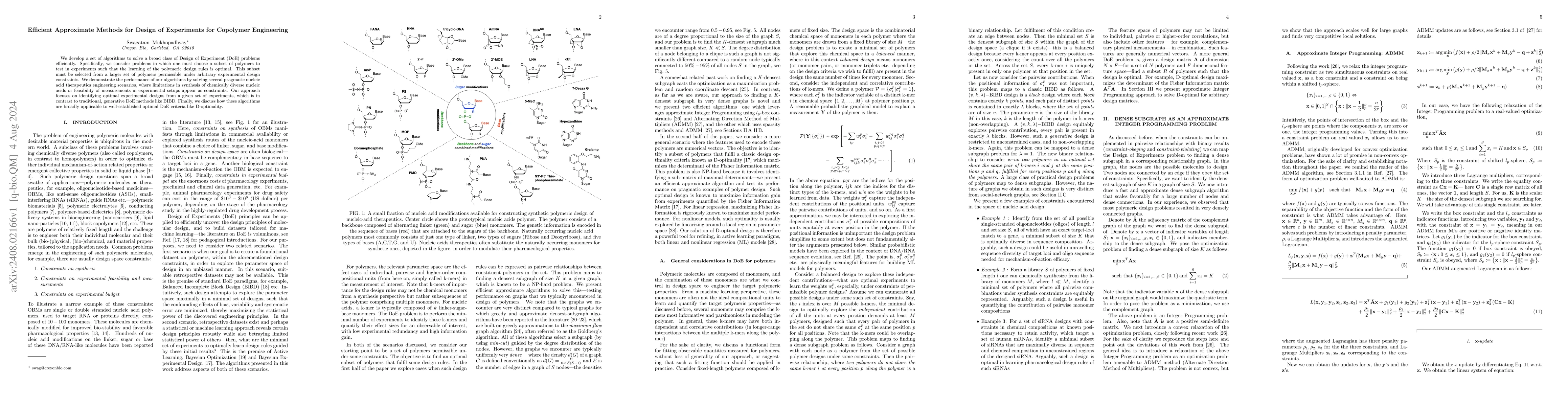 Thumbnail for Efficient Approximate Methods for Design of Experiments for Copolymer
  Engineering
