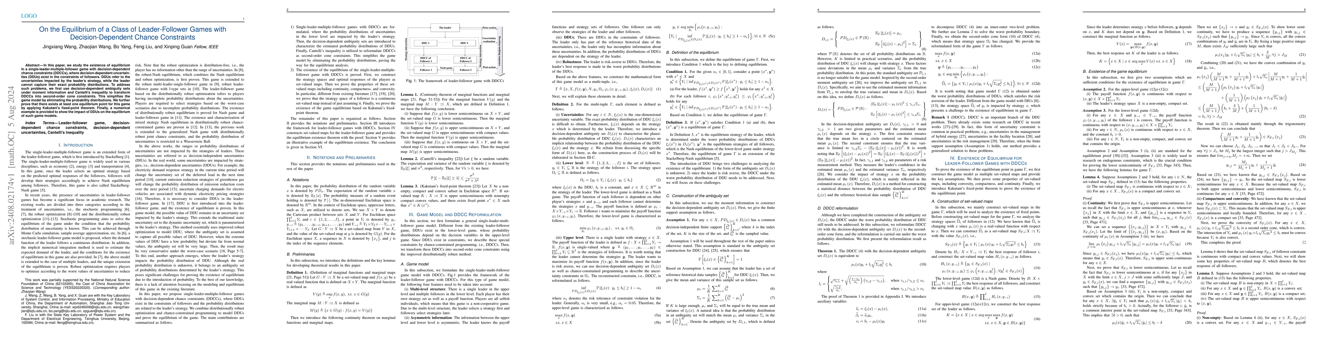 Thumbnail for On the Equilibrium of a Class of Leader-Follower Games with
  Decision-Dependent Chance Constraints