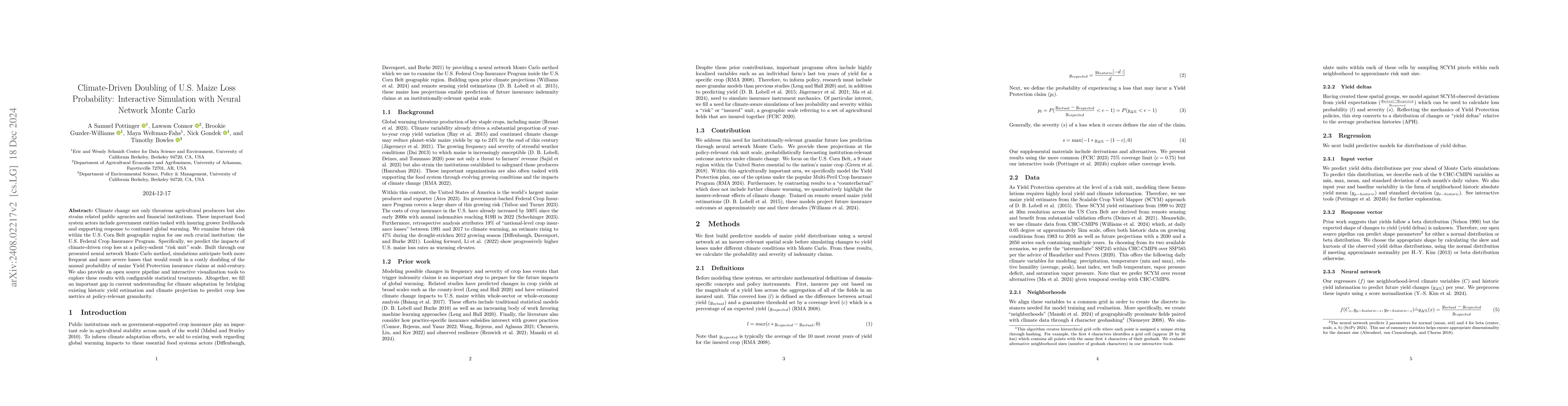 Thumbnail for Climate-Driven Doubling of Maize Loss Probability in U.S. Crop
  Insurance: Spatiotemporal Prediction and Possible Policy Responses